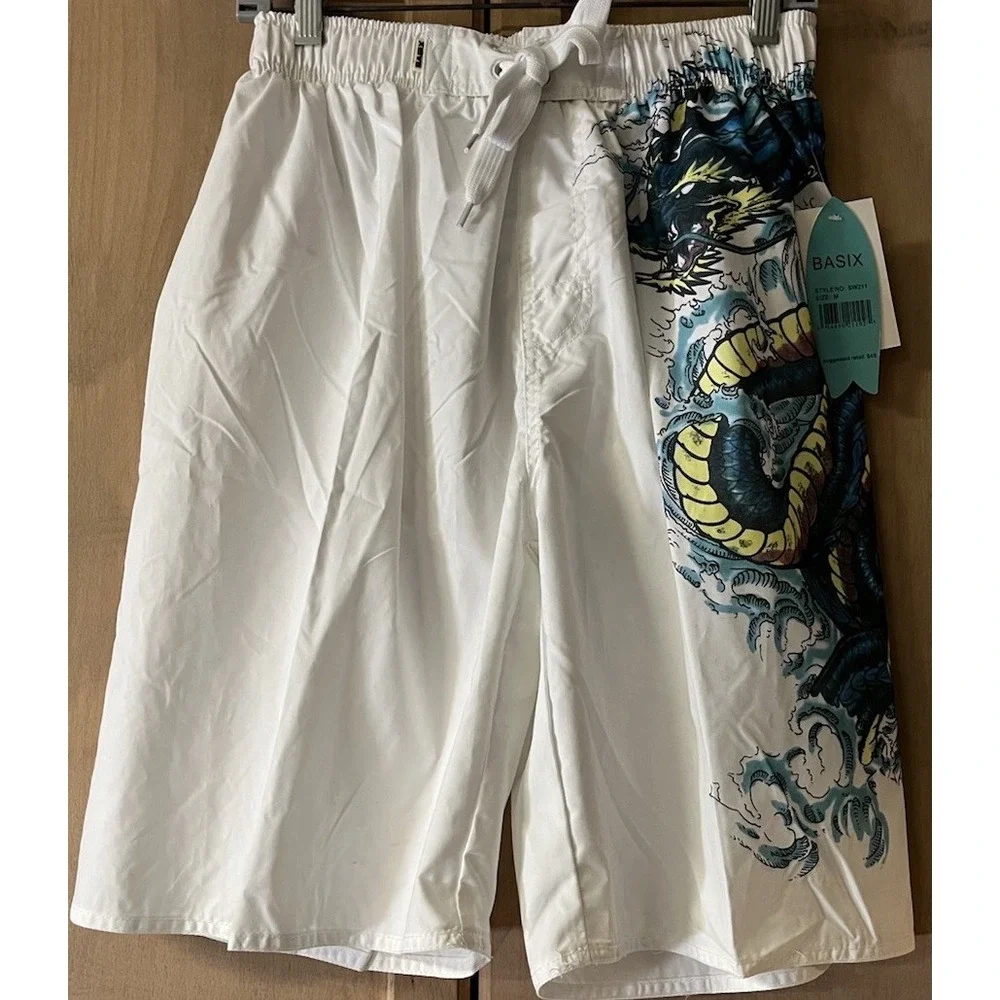 BASIX BODY SURF MEN'S BOARD SWIM SHORTS SIZE MEDIUM‎ WHITE/SERPENT NWT